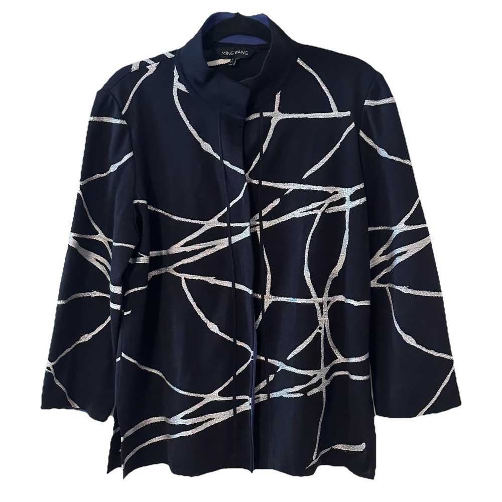 Ming Wang Blue Womens Cardigan Geometric‎ Blazer Jacket Snap Button Dressy Large